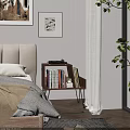 Modern Bedroom Interior With Wooden Nightstand Bookshelf Books Record Player And Decorative Paintings
