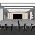 Spacious Conference Room With Arranged Chairs Large Projector Screen Wooden Panels And Large Windows