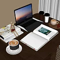 Cozy Desk Setup With Laptop Coffee Cups Open Notebook And Donut 3d model