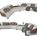 Modern Curved Beige Sectional Sofa With Colorful Pillows Throw Blanket And Side Table 3d model