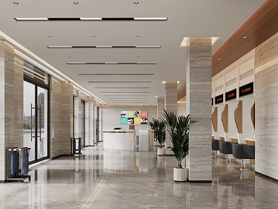 Modern Service Hall Interior Design With Marble Columns And Plants 3d model