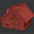 Cartoon Style Wooden House With Blue Tiled Roof Stone Base And Circular Door Decoration