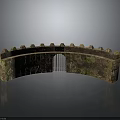 Arc Stone Wall Structure with Crenellated Top Metal Gate and Green Vegetation