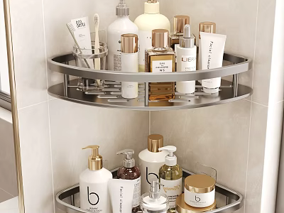 Bathroom Double Tiered Metal Corner Storage Shelf With Toiletries Skincare Products And Bottles 3d model