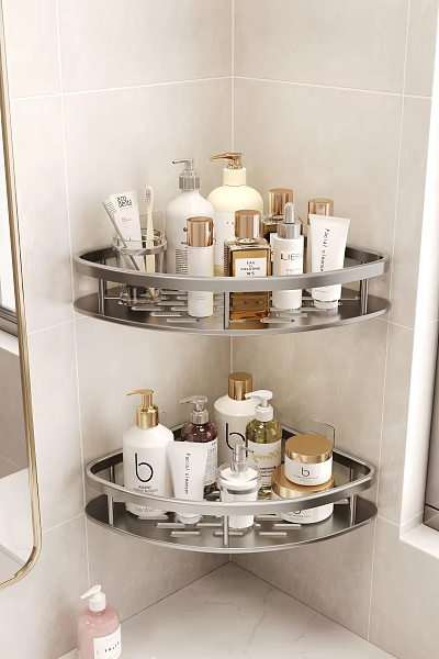 Bathroom Double Tiered Metal Corner Storage Shelf With Toiletries Skincare Products And Bottles 3d model