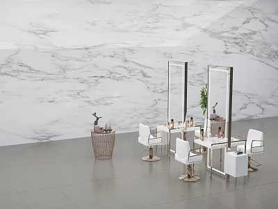 Modern Beauty Salon Interior With Marble Wall Mirrors White Chairs And Vanity Tables 3d model