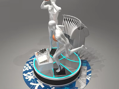 Commercial Equipment Display Stand With Humanoid Sports Sculptures Laptop And Circular Blue Pattern Base 3d model
