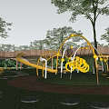 Yellow Sculpture Structure In Outdoor Park With Trees Grass And Slide