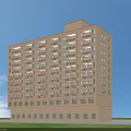 Multi Story Residential Building with Windows Balconies Near Green Grass Road Light Exterior Flat Roof