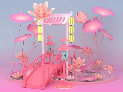 Chinese national tide pink bridge lotus lotus leaf net red photo clock point beautiful Chen Chinese eaves 3d model
