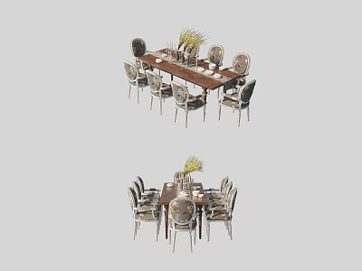 Modern Rectangular and Round Dining Table Set with Chairs Vase and Decorative Plants 3d model