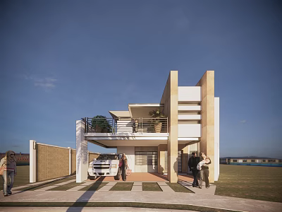 Modern Detached Villa Exterior With Balcony White Car Lawn And Blue Sky 3d model