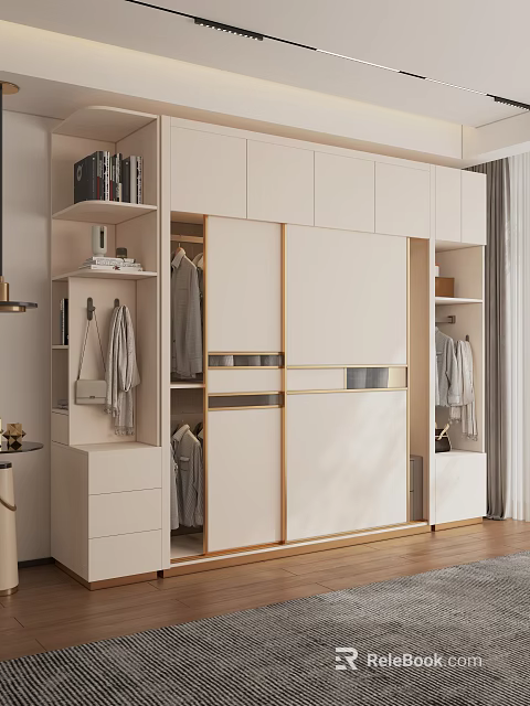 Modern Beige Wardrobe With Sliding Doors Open Shelves Gold Accents And Hanging Area 3d model 