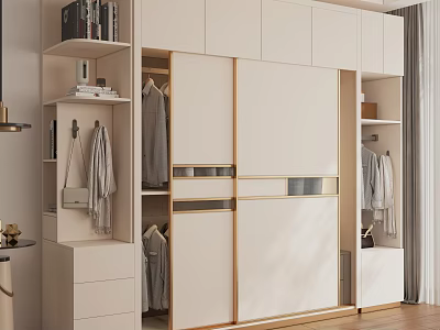 Modern Beige Wardrobe With Sliding Doors Open Shelves Gold Accents And Hanging Area 3d model