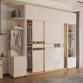 Modern Beige Wardrobe With Sliding Doors Open Shelves Gold Accents And Hanging Area