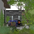 Modern Outdoor Garden Landscape With Lush Greenery Stone Wall Round Light Orbs And Fire Pit