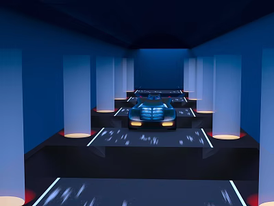 Cartoon Blue Showroom Scene Featuring Shiny Car White Pillars And Glowing Lines 3d model