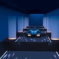 Cartoon Blue Showroom Scene Featuring Shiny Car White Pillars And Glowing Lines
