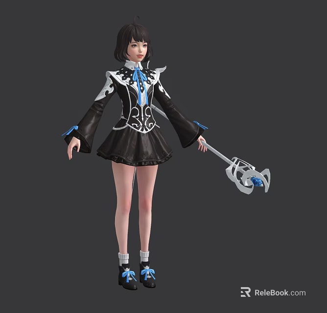 Game Movie Character In Black And White Outfit With Blue Accents Holding Key Shaped Staff 3d model 