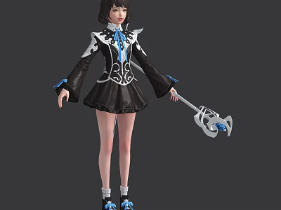 Game Movie Character In Black And White Outfit With Blue Accents Holding Key Shaped Staff 3d model