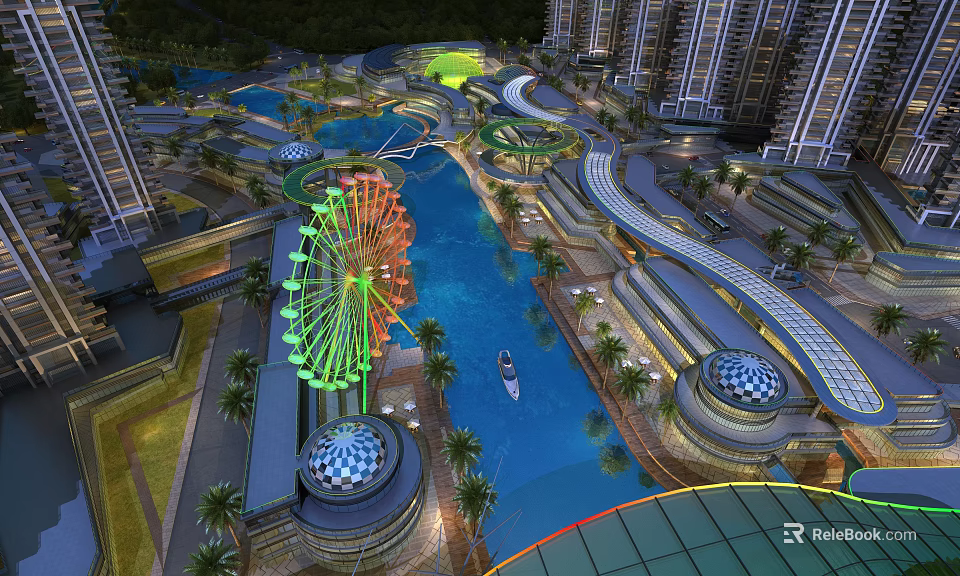 Aerial View Planning of Urban Area With Ferris Wheel Blue Water and Palm Trees 3d model 