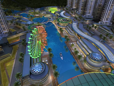 Aerial View Planning of Urban Area With Ferris Wheel Blue Water and Palm Trees 3d model