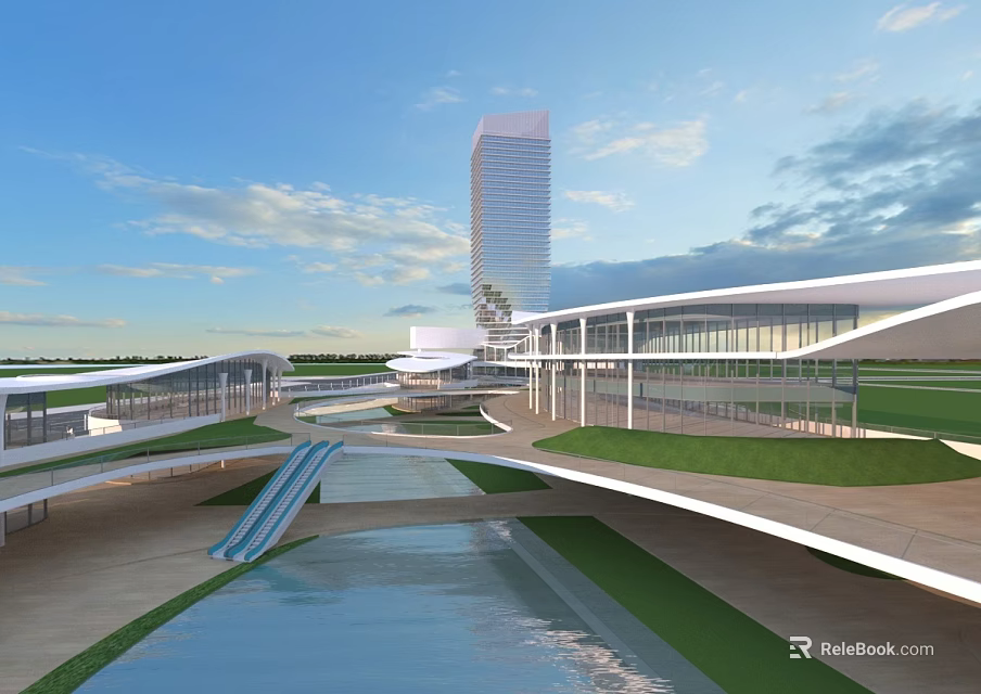 Modern Commercial Street With Open Spaces Green Lawns And Water Features 3d model 