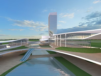 Modern Commercial Street With Open Spaces Green Lawns And Water Features 3d model