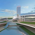 Modern Commercial Street With Open Spaces Green Lawns And Water Features