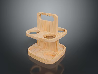 Wooden Multi Tiered Cup Holder With Handle And Circular Slots For Home Use 3d model