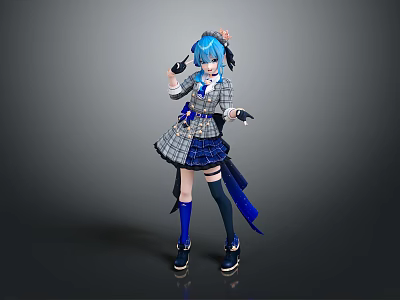 Blue Haired Character In Plaid Outfit With Bow Holding Small Animal Toy Against Gray Backdrop 3d model