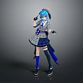 Blue Haired Character In Plaid Outfit With Bow Holding Small Animal Toy Against Gray Backdrop