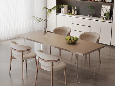 Modern Dining Table Set With Four Light Beige Chairs Green Plant Vase And Fruit Bowl 3d model
