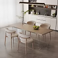 Modern Dining Table Set With Four Light Beige Chairs Green Plant Vase And Fruit Bowl
