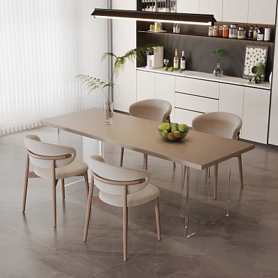 Modern Dining Table Set With Four Light Beige Chairs Green Plant Vase And Fruit Bowl 3d model