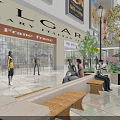 Lively Commercial Street Pedestrian Area with Storefronts Benches Street Lamps Green Plants and People Relaxing
