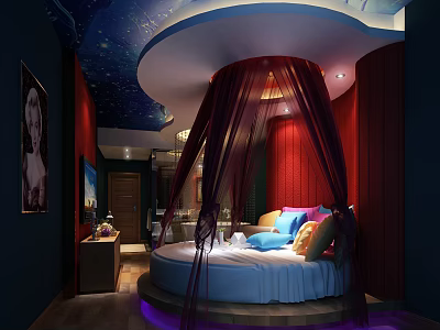Luxurious Modern Hotel Room Interior Design With Round Bed Red Drapes And Starry Ceiling 3d model