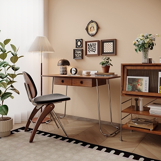 Quiet Book Table Chair Quiet Ancient Book Table Chair Combination Storage Cabinet Table Lamp Floor Lamp Hanging Picture Combination Decoration Combination Floor Plant Carpet Dream Curtain 3d model