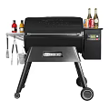 Black Outdoor Grill With Grilled Food Bottles And Hanging Tools Setup