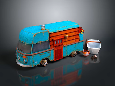 Blue Vintage Food Truck Exterior Design With White Containers And Small Bowl 3d model