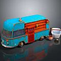 Blue Vintage Food Truck Exterior Design With White Containers And Small Bowl