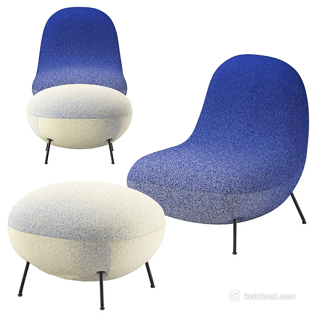 Blue And Beige Fabric Armchair With Modern Design Metal Legs And Ottoman 3d model 