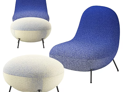 Blue And Beige Fabric Armchair With Modern Design Metal Legs And Ottoman 3d model