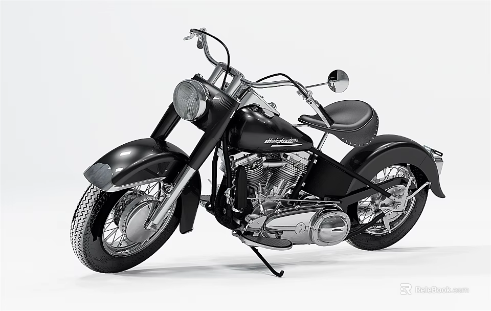 Vintage Harley Davidson Black Motorcycle With Round Headlight Chrome Engine And Classic Seat 3d model 