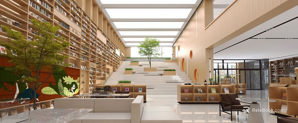 Artistic Library Interior with Wooden Bookshelves Staircase Seating Central Tree Skylight Ceiling Display Shelves 3d model 