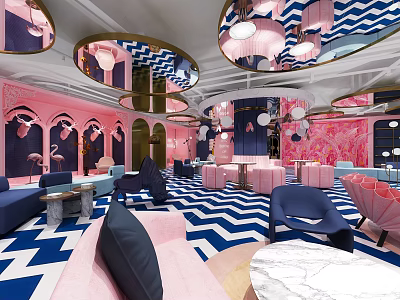Stylish Hotel Public Lounge Area with Pink Blue Geometric Floor Circular Lighting and Sofas Chairs 3d model