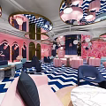 Stylish Hotel Public Lounge Area with Pink Blue Geometric Floor Circular Lighting and Sofas Chairs