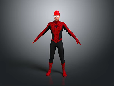 Man Dressed As Spider Man In Red And Black Full Body Superhero Costume 3d model