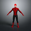 Man Dressed As Spider Man In Red And Black Full Body Superhero Costume