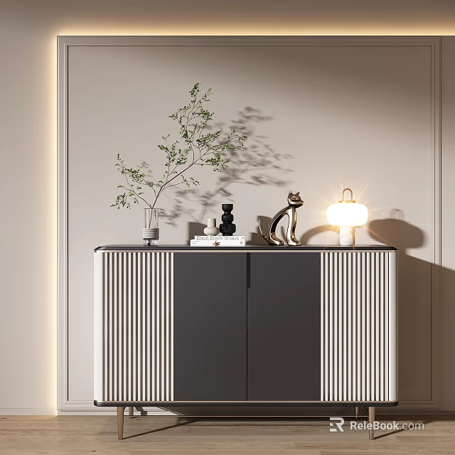 Modern Entryway Console Table With Striped Design Decorative Plants Sculpture And Table Lamp 3d model